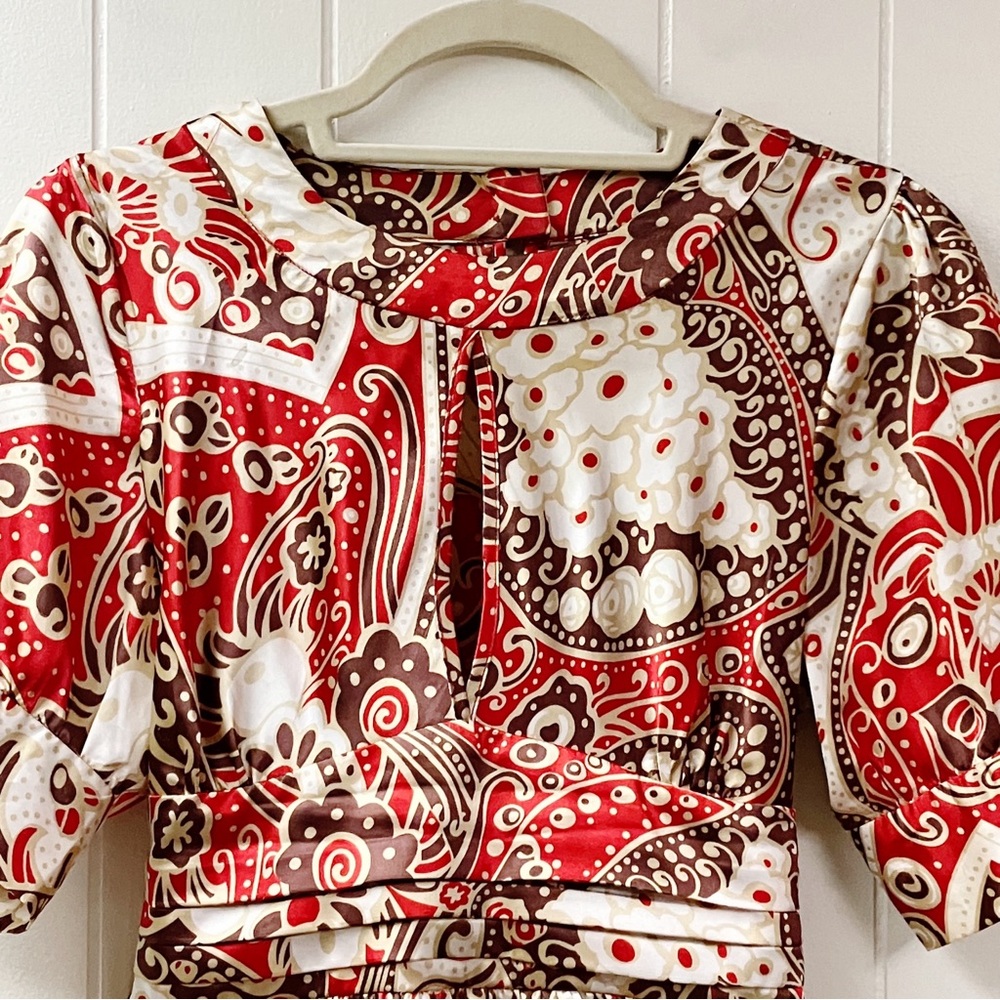 Y2K BCBGMAXAZRIA Floral Blouse Satin Puff Sleeve SZ Medium Whimsical Feminine - Picture 8 of 11
